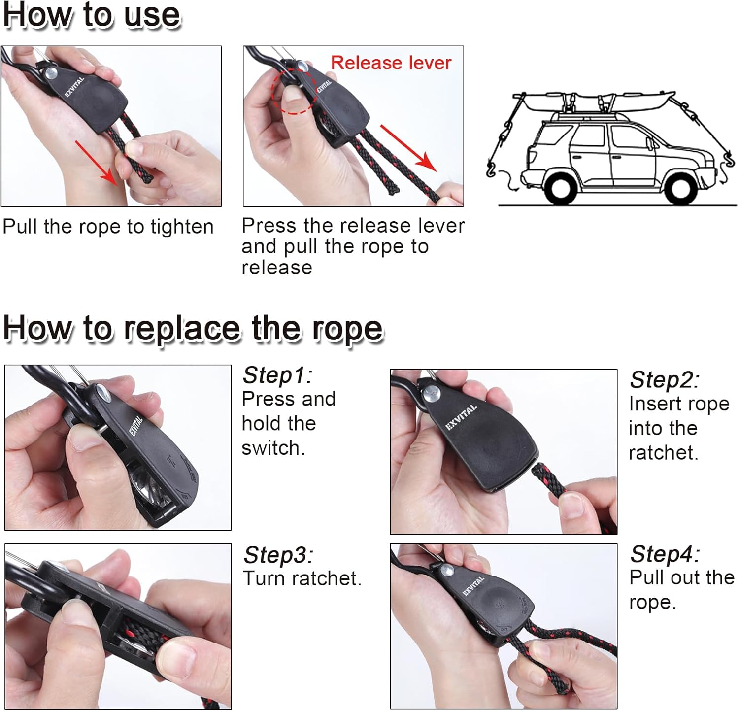 4PCS Kayak Rope Tie Down Ratchet Straps 3/8" ×12' Bow and Stern Tie Down Kayak with Safety S Hook Heavy Duty Ratchet Rope Kayak and Canoe Accessories Black