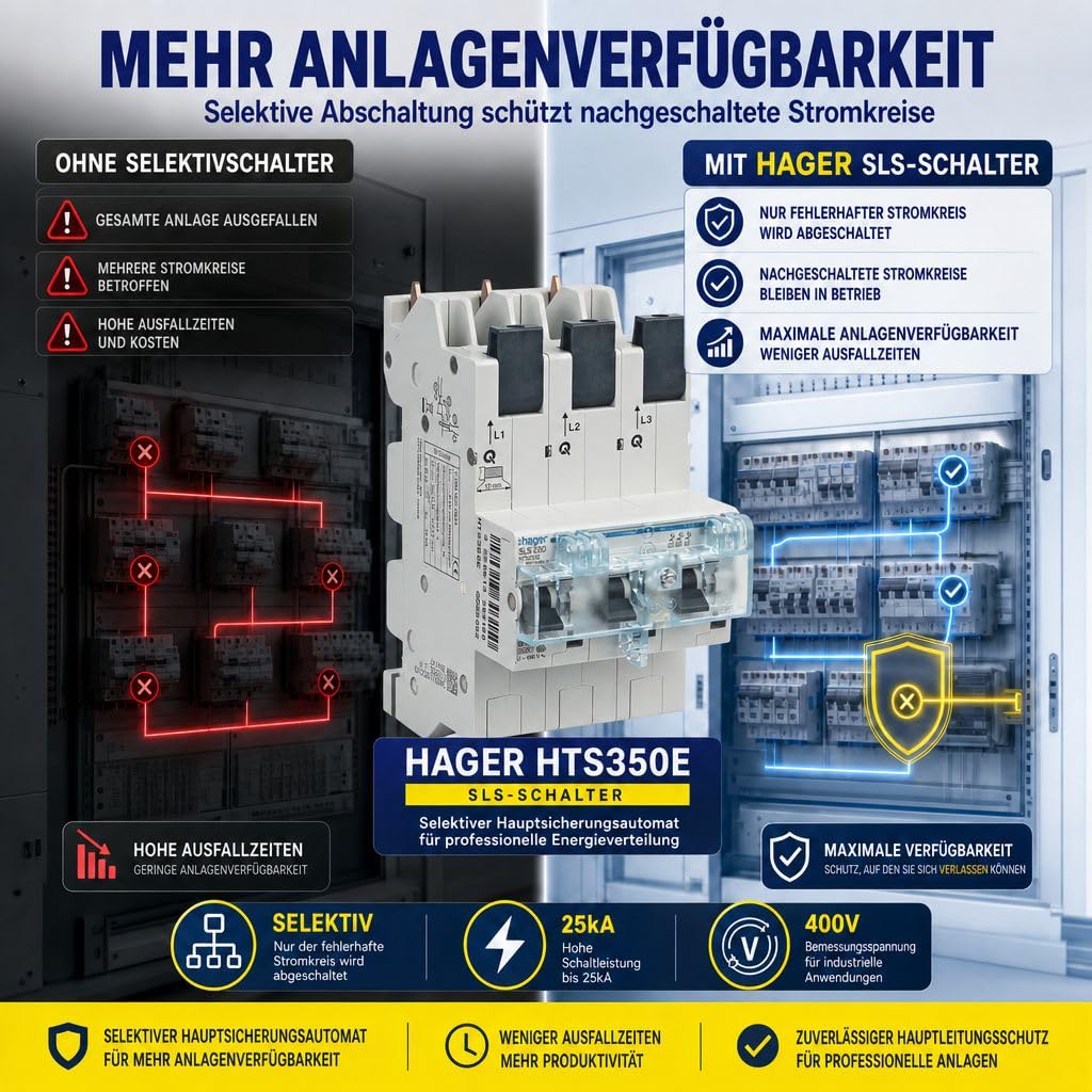 Hager HTS350E SLS-Schalter 50A 3-polig selektiver Hauptsicherungsautomat SHU mit Stecktechnik, Hauptleitungsschutzschalter für Zählerschrank Sammelschiene 400V 25kA