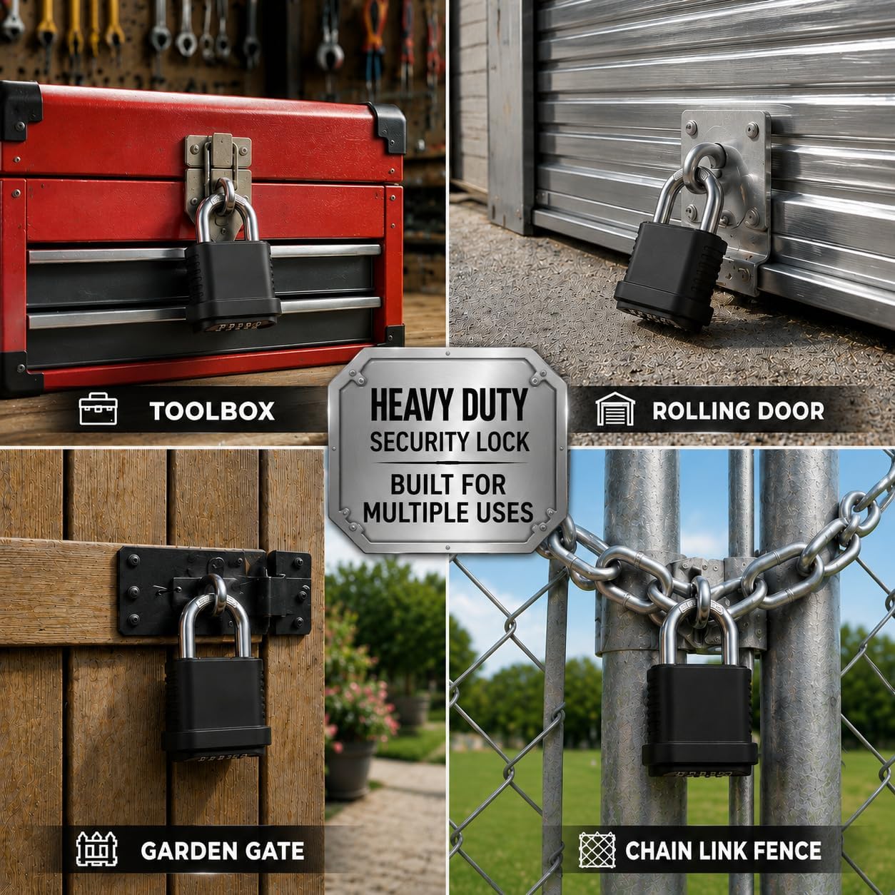 4 Digit Combination Lock, Heavy Duty Resettable Padlock with Short Shackle, Keyless Metal Code Lock for Locker, Gate, Fence, Shed, Storage Unit, Toolbox and Outdoor Use, Black