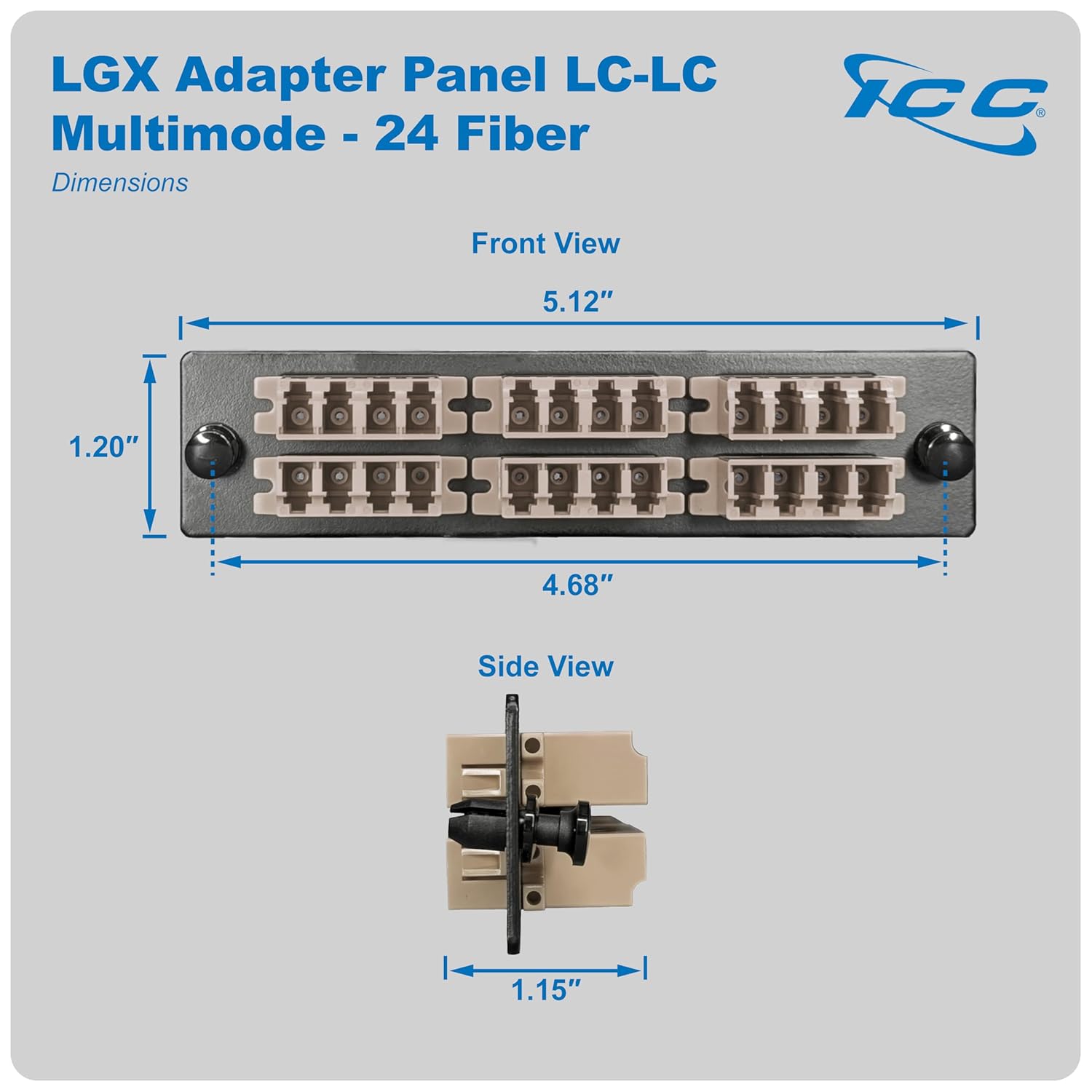 ICC LC-LC Fiber Optic Adapter Panel, LGX Compatible, 24 Fibers, Multimode, Beige 94V-0 Adapters, Push Fasteners, Black Steel