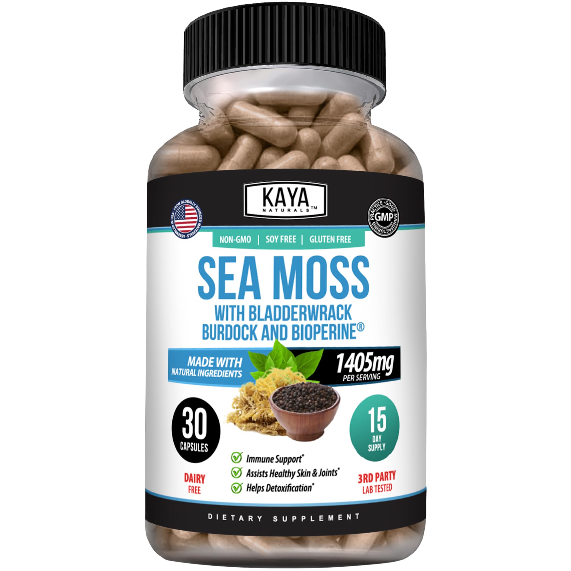 Kaya Naturals Sea Moss Capsules with Bladderwrack & Burdock Root, 30 Count 30 Count (Pack of 1)