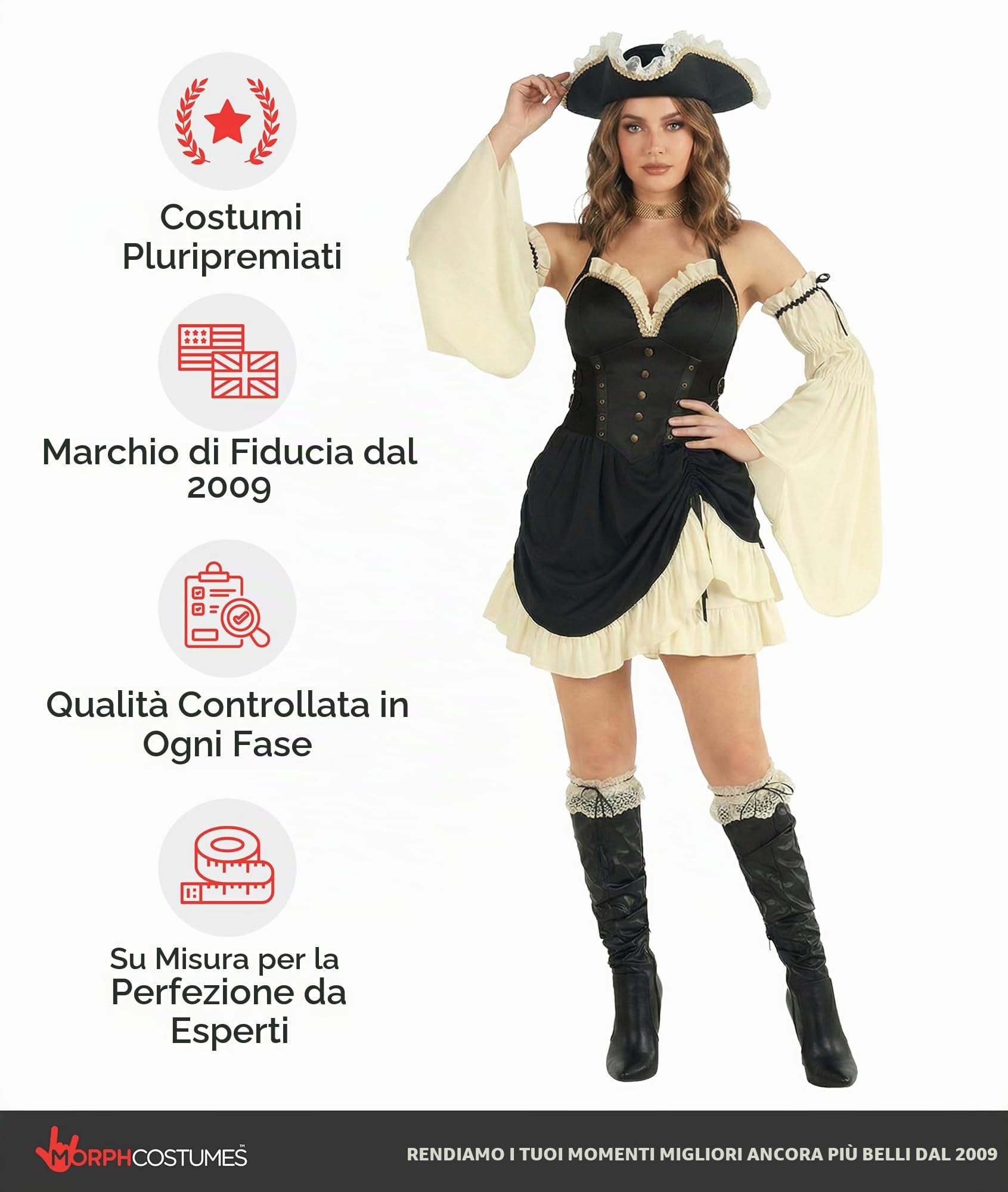 Morph Costume Pirata Donna - Vestito Carnevale Piratessa, Abito per Halloween, Compleanni e Party, Costume da Pirata Donna