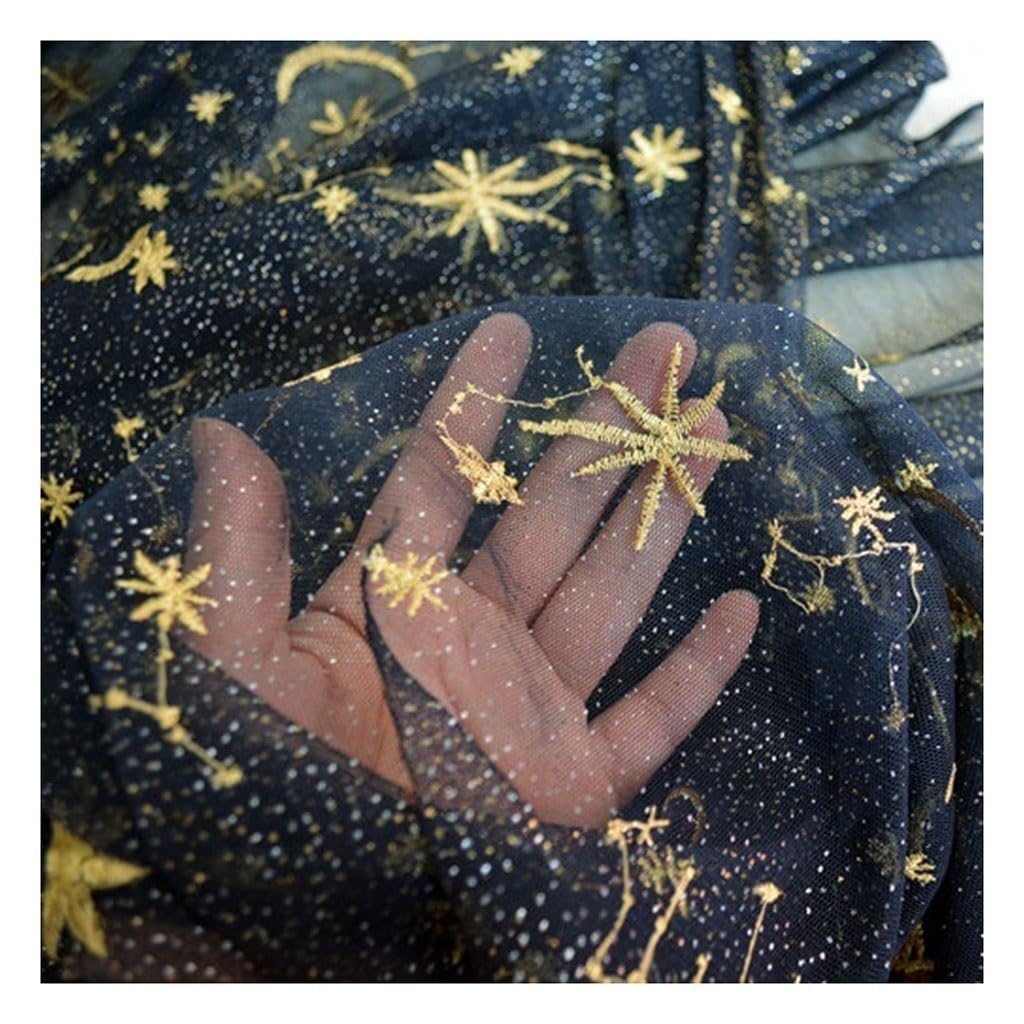 1PCS Glitter Celestial Moon Star Embroidered Mesh Tulle Fabric Lace Fabric for DIY Sewing Dress/Wedding/Prom- by The Yard (Color : Blue, Size : 150cmx1yard)