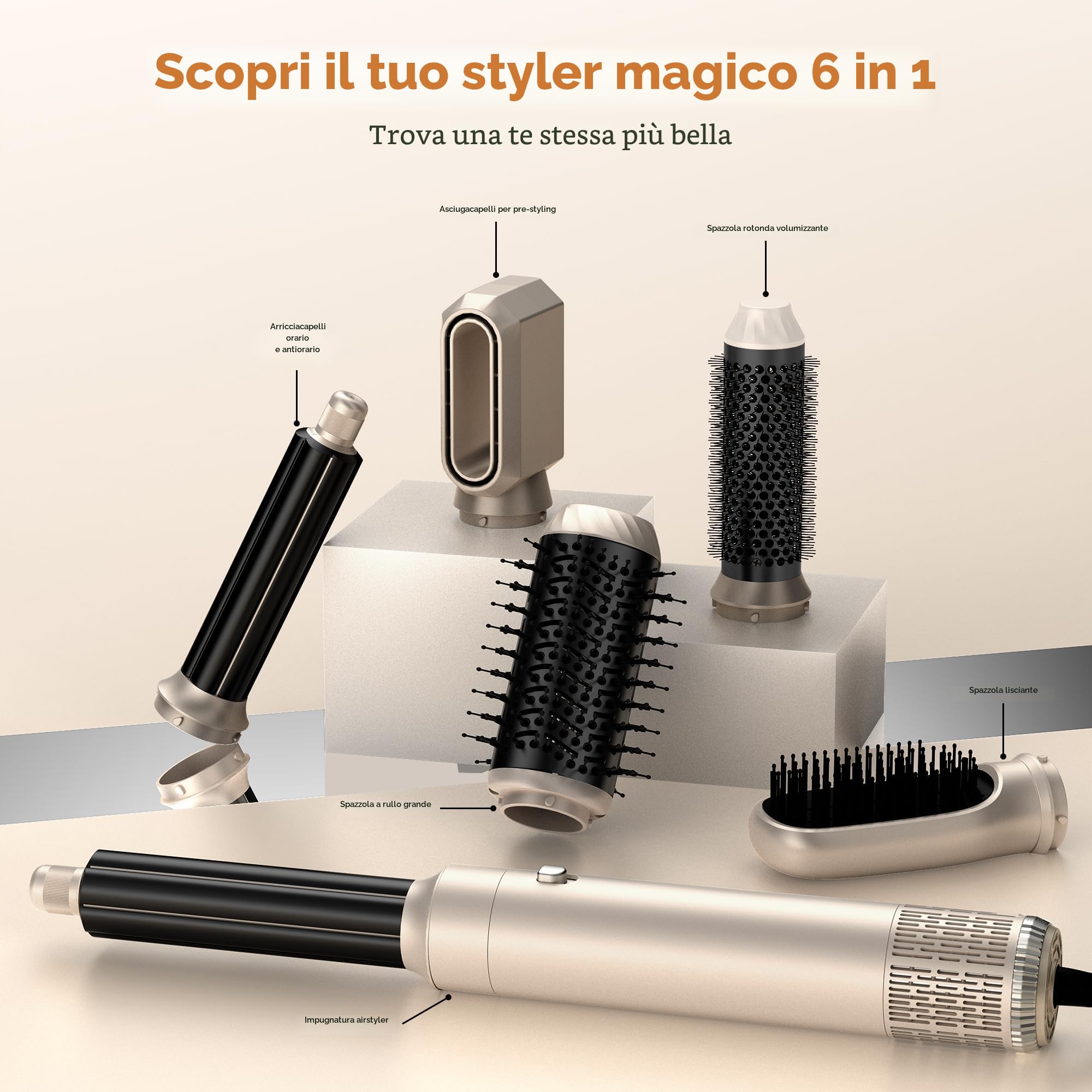 UKLISS Hairstyler Airstyler 6 in 1 Asciugacapelli, Set di Spazzole per Asciugacapelli 1000 W, Arricciacapelli con Aria, Spazzole per Styling, 3 Regolazioni della Temp, Regali Set per Donn (Oro)