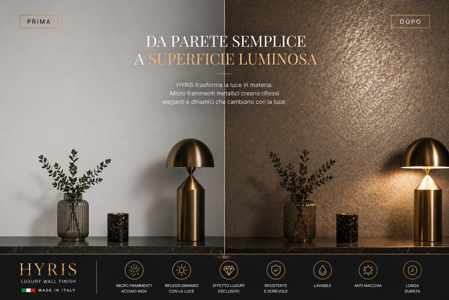 Hyris Pittura Decorativa con Micro Frammenti di Acciaio Inox - 10 | Finitura sabbiata perlata con frammenti inox, lavabile e antimuffa, per pareti e soffitti interni, resa 10/12 m² - 1 Litro