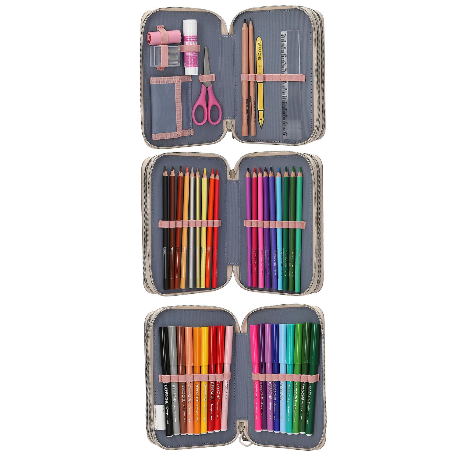 Depesche 13341 Miss Melody Poppy Sand - Trousse à Crayons 3 Compartiments remplie en Beige, avec Motif de Chevaux et de Coquelicots, Trousse à Crayons avec Crayons de Couleur et Bien Plus Encore