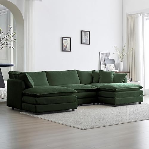 Miniatura 6 de KIVENJAJA Sofá modular en forma de U de gran tamaño, sofá nube de felpilla de 4 plazas con 2 otomanastumbonas y 6 almohadas para sala de estar,