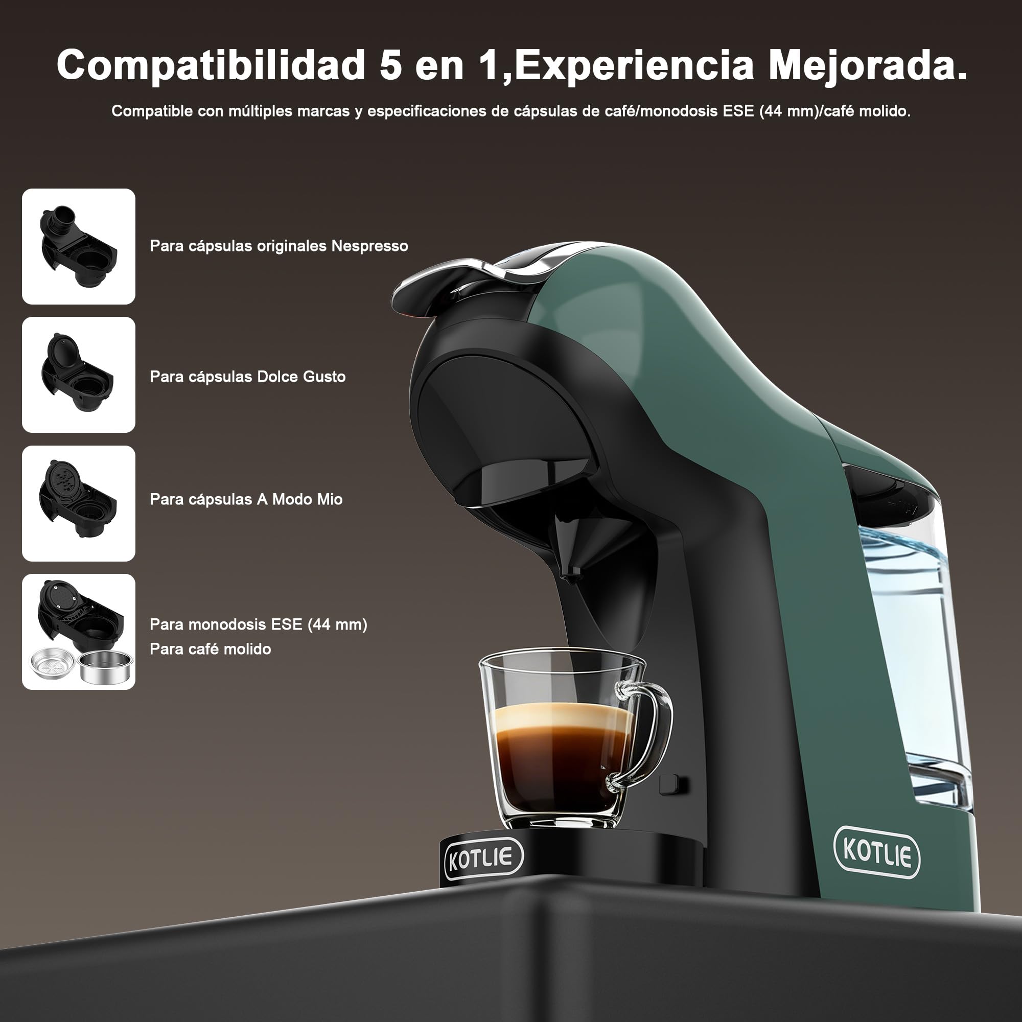 Upgrade Máquina de Cápsulas Café Espresso 5 en 1 19 Bar para Nespresso/Dolce Gusto/LAVAZZA MIO/LOR y Café Molido/ESE, Cafeteras Automáticas Pequeñas con Cápsulas, EM-308B (Verde)