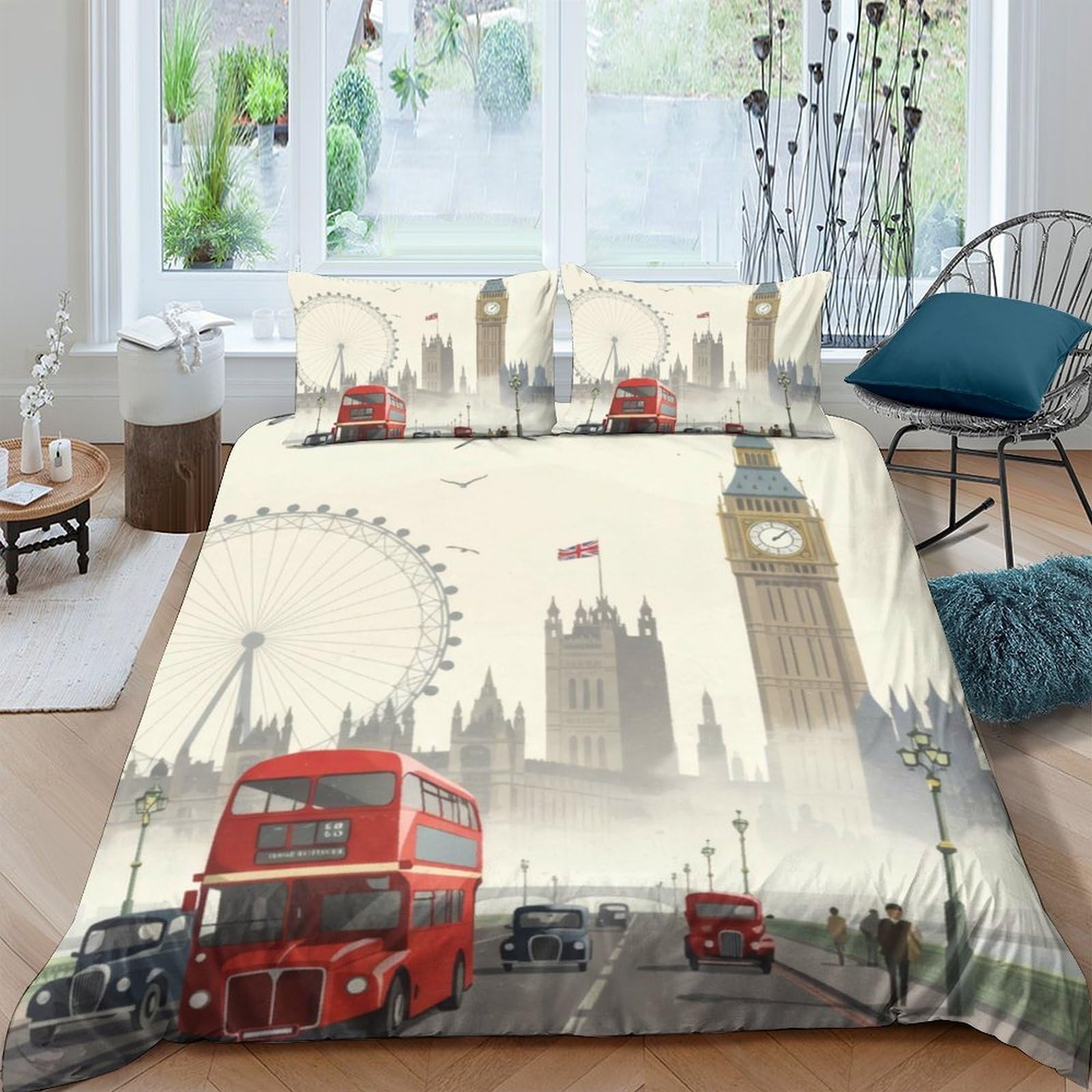 Ctjqhvkz Style-2 3D Printed London Skyline Fitted Sheet Microfiber Red Bus Mattress Cover Easy Care Bedroom Decor For Home Dorm Use Single（135X200cm）