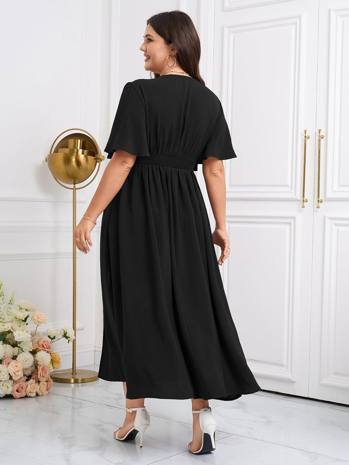SCOMCHIC Women Plus Size Maxi Formal Dresses Wedding Guest Cocktail Short Sleeve V Neck Smocked Slit Long Flowy Dress - Image 7