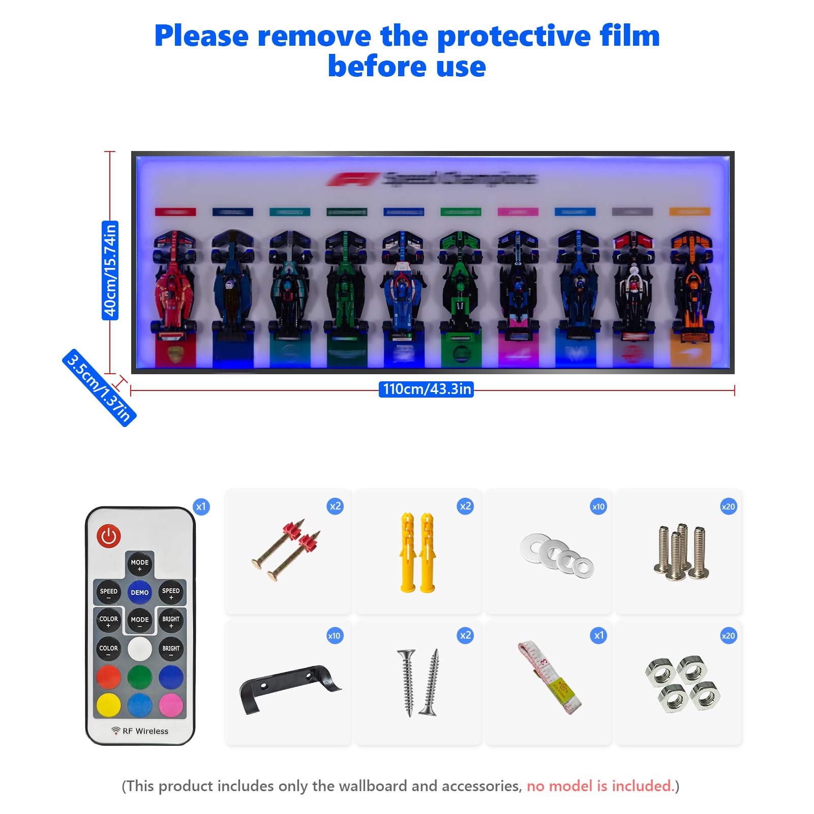 Wandhalterung Display Kompatibel mit Lego F1 Speed Champions77242-77251,Frame Wall Mount mit RGB LED-Leiste,Wandhalter Rahmen für Sammlung im Wohnzimmer, 110x40cm,Weiß (Kein Modell enthalten)