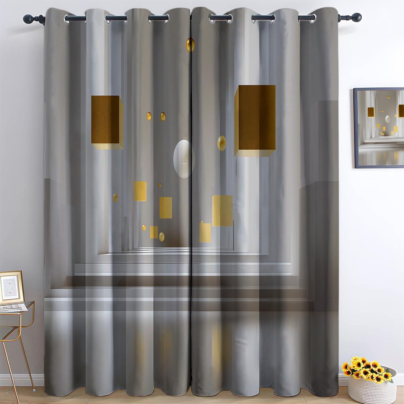 Arte Digital Cortinas Opacas Cubos Geométricos Esferas Doradas Cubos,140 x 260 cm (2 Paneles), con Ojales - Tratamientos de Ventana Estampados para Dormitorio o Sala de Estar