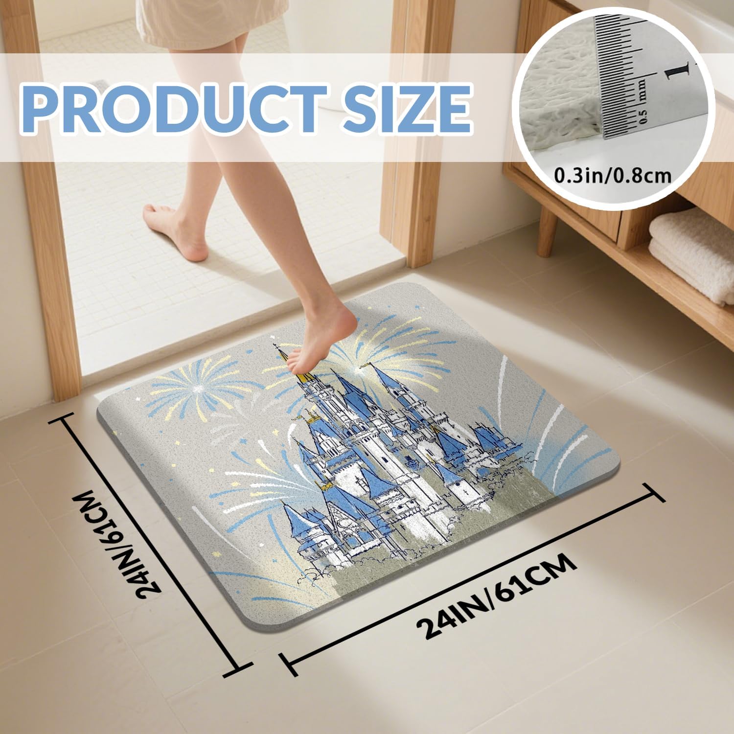 Cute Cartoon Blue Castle Theme Bathroom Rugs Bath Mat Shower Non Slip Absorbent Washable Firework Bath Mat for Kitchen/Front Door/Living Home 24x24in