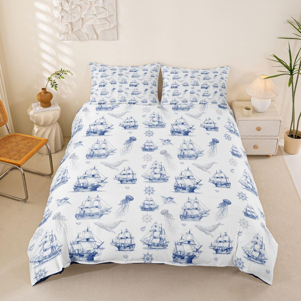 Nautical Sailboat Duvet Cover Set Twin Size,Ocean Whale Jellyfish Bedding Sets 2Pcs for Kids Girls Boys Teens Room Decor,Coastal Beach Style Comforter Cover Navy Blue White Quilt Cover,1 Pillowcase