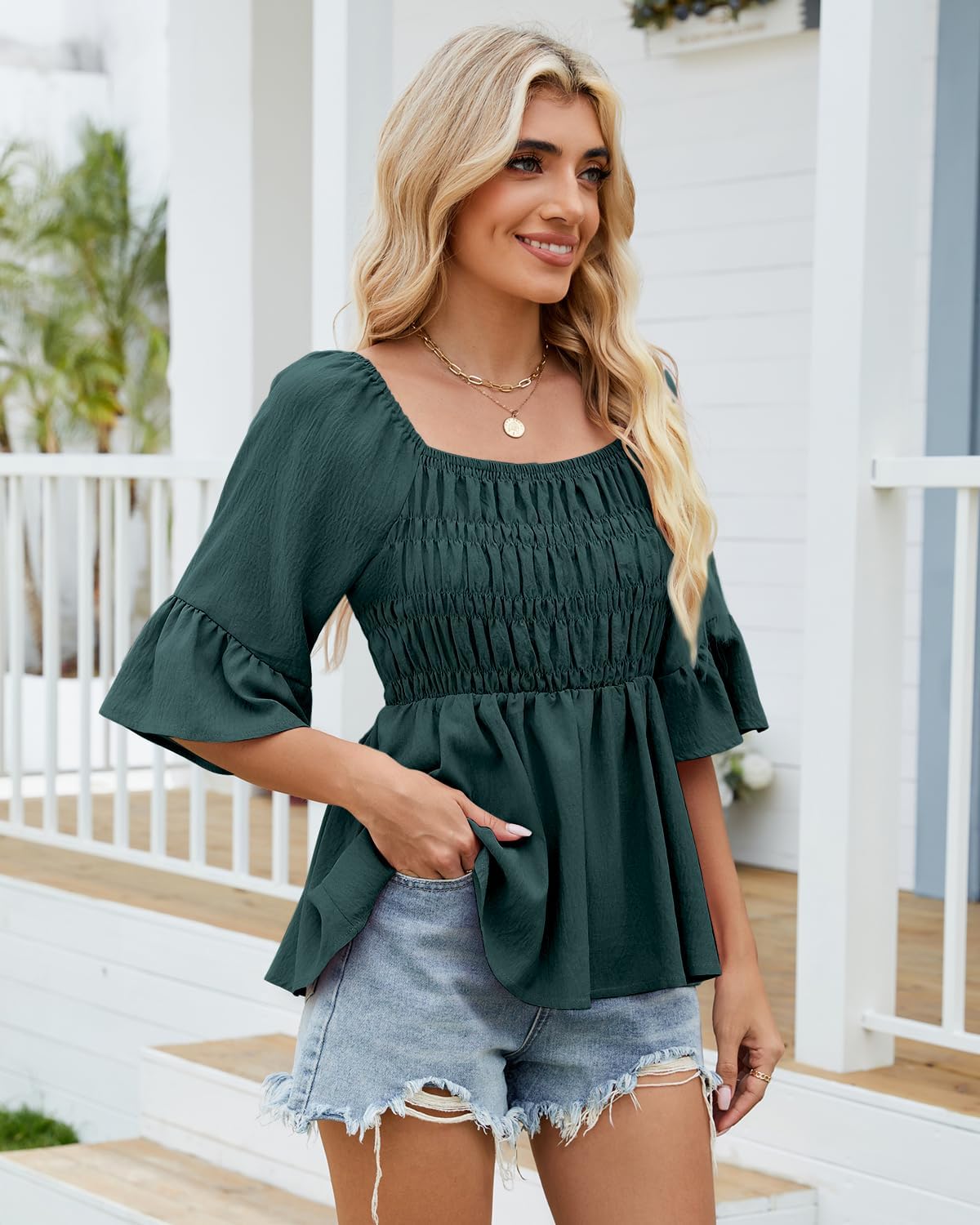 HEYTALALA Womens 3/4 Sleeve Tops Dressy Casual Square Neck Summer Peplum Blouses Ruffle Sleeve Babydoll Shirts 2025 Trendy - Image 3