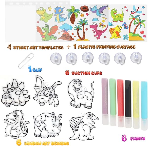 Koltose by Mash Dinosaur Suncatcher Kit, Includes 6 Dinosaur Sun Catchers, 6 Paints, 4 Templates and More, Double Kit - Window Art and Sticky Suncatcher Art - 2