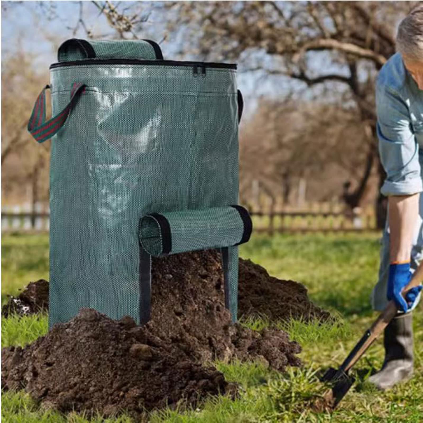 Gartenkomposter 2er-Pack 34-Gallonen-Kompostbeutel for den Garten, Kompost for den Außenbereich, wiederverwendbarer Gartenabfallbeutel mit Deckel, faltbare Laubrasenbeutel, multifunktionaler Gartenbeh