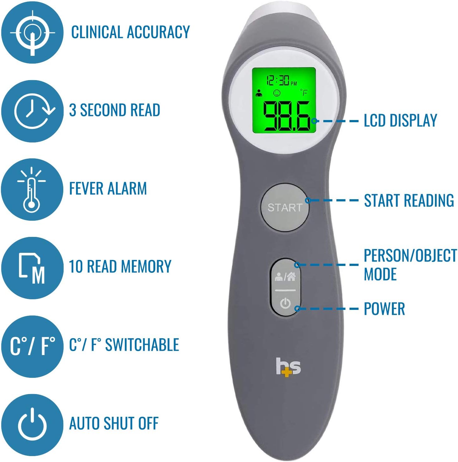 Diagram of thermometer features including LCD display, start button, person/object mode button, and power button.