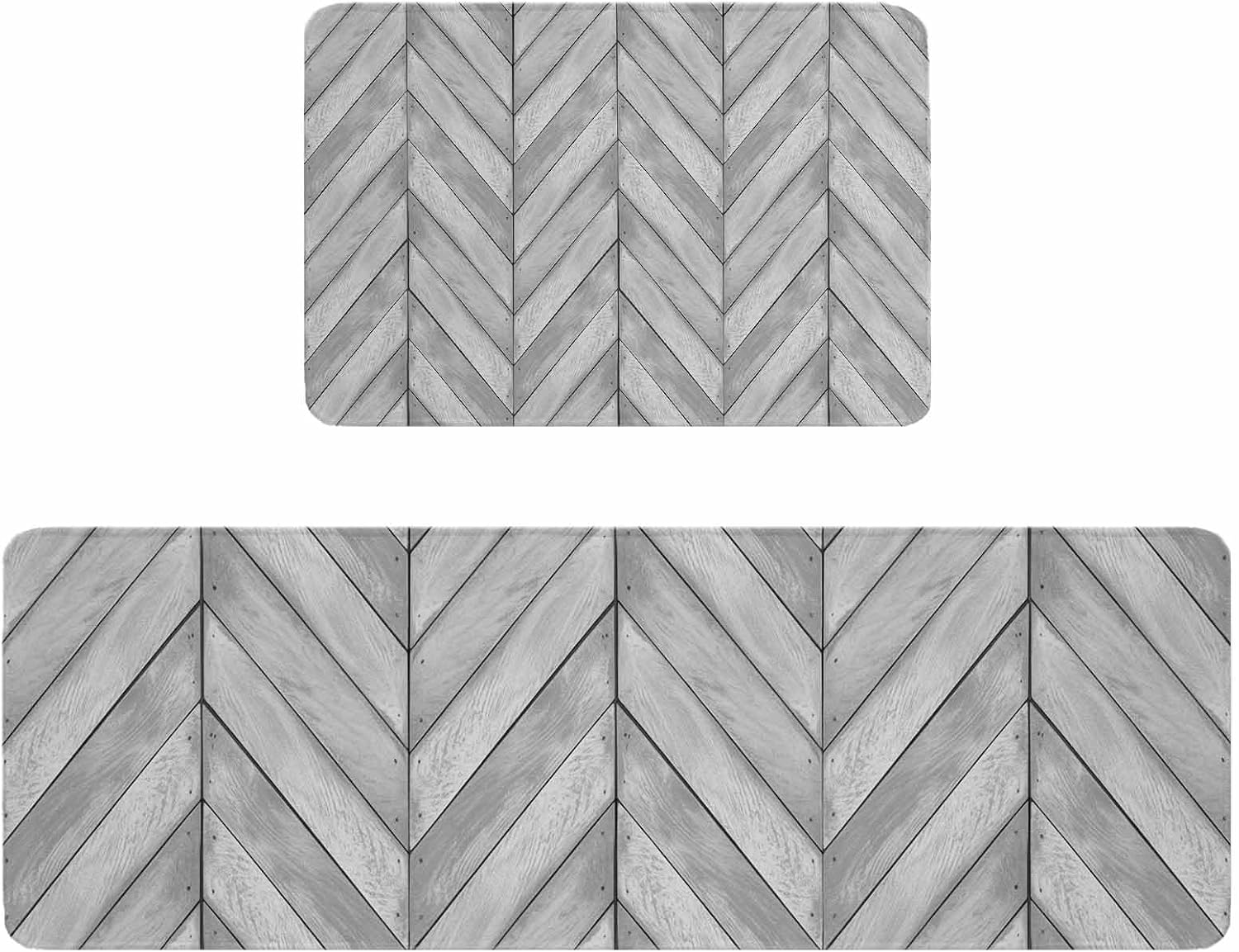 Wood Grain Kitchen Rugs and Mats Set of 2, Non-Slip Kitchen Sink Mat, Vintage Geometric Wooden Planks Brown Green Washable Doormat Bathroom Rugs Runner for Bedroom/Living Room 15.7"x23.6"+15.7"x47.2"