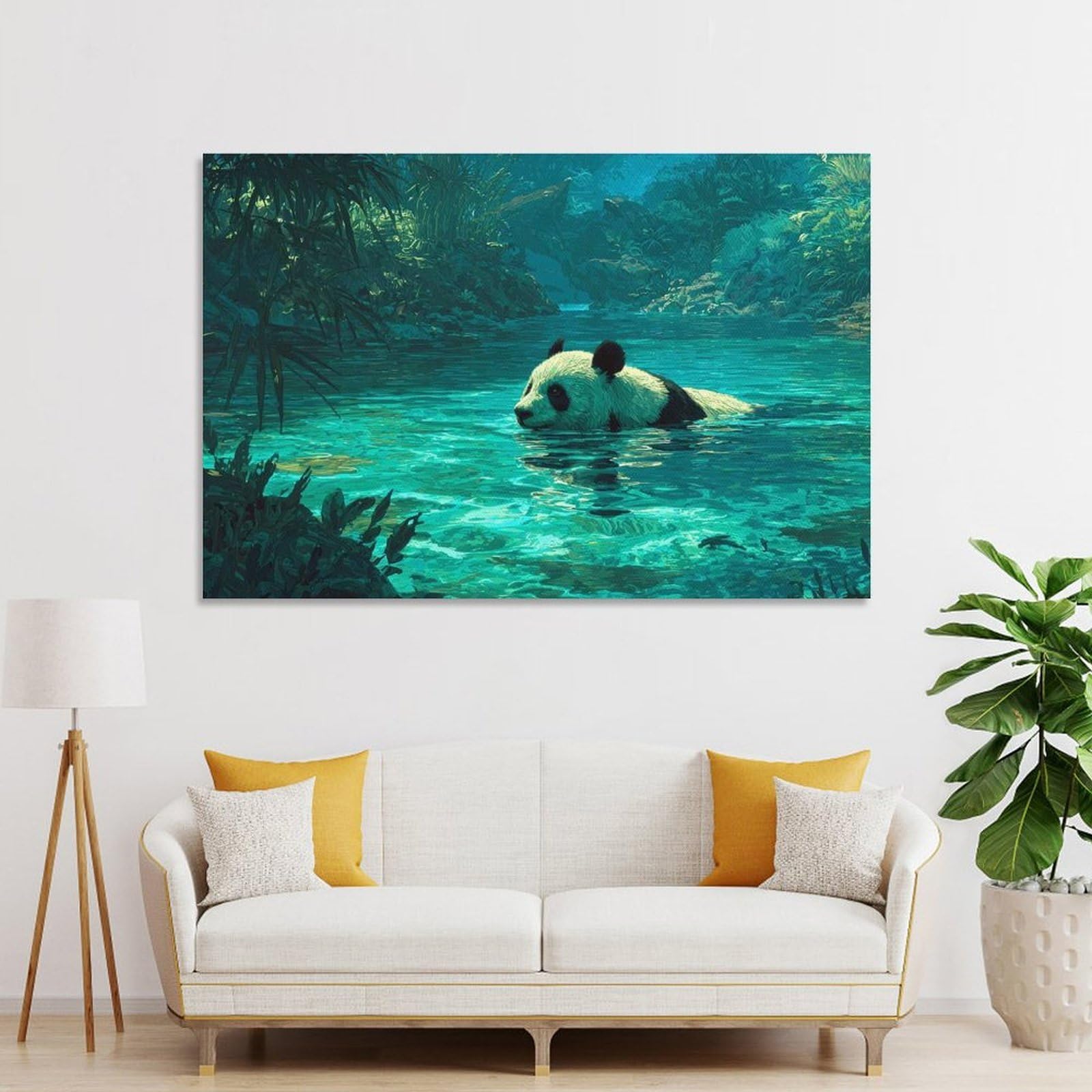 Junmoney Unframe-Style-4 Panda Swimming In Turquoise Water Hanging Wall Art, 24X36inch(60X90cm), For Lounge, Bedroom Or Personal Spaces, Gift Idea For Housewarming And Birthdays
