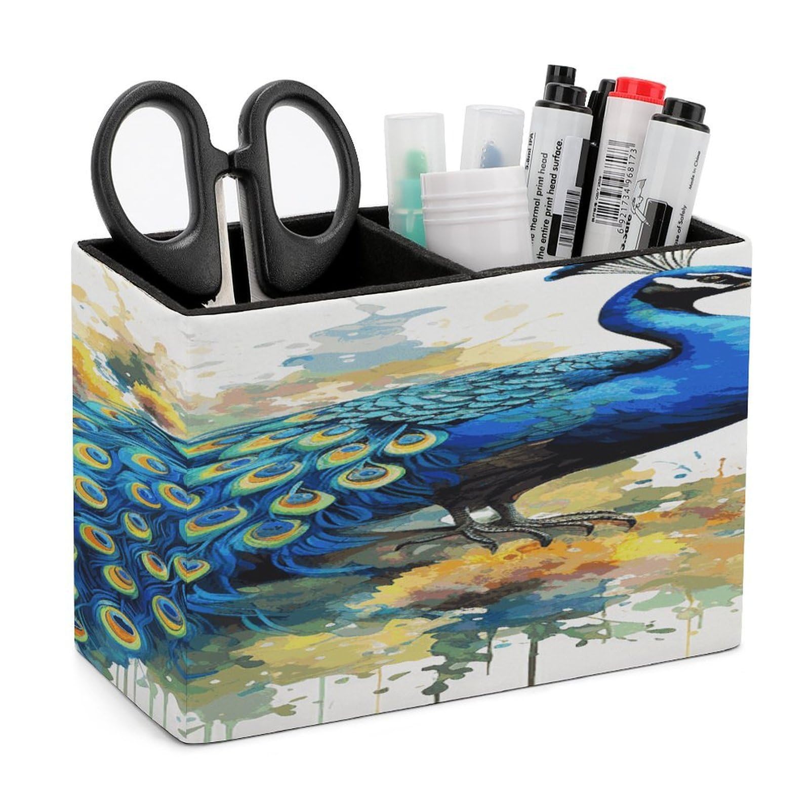 JTREHY Peacock Watercolor Painting Pencil Holder Exquisite Fashion Leather Pen Receptacle Soft High-End Pen Container for Office Home Accessories Or Housewarming Present