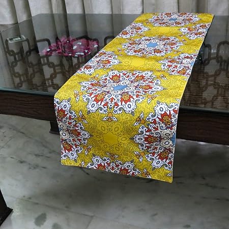 indoAmor Polycotton HD Digital Print Handmade Table Runner, 6 to 8 Seater Dining Table/Kitchen Cabinet Runner (14x72 Inches, Mandala Pattern, Yellow) - 1Pc.