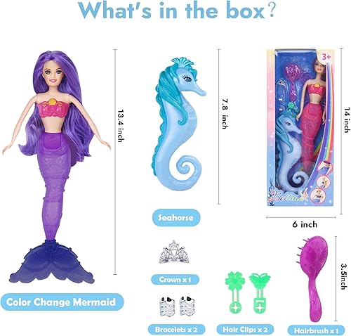 Miniatura 6 de BETTINA Juego de muñeca sirena que cambia de color 2023, muñeca de princesa sirena con cola que cambia de color, juguetes de sirena con caballito de