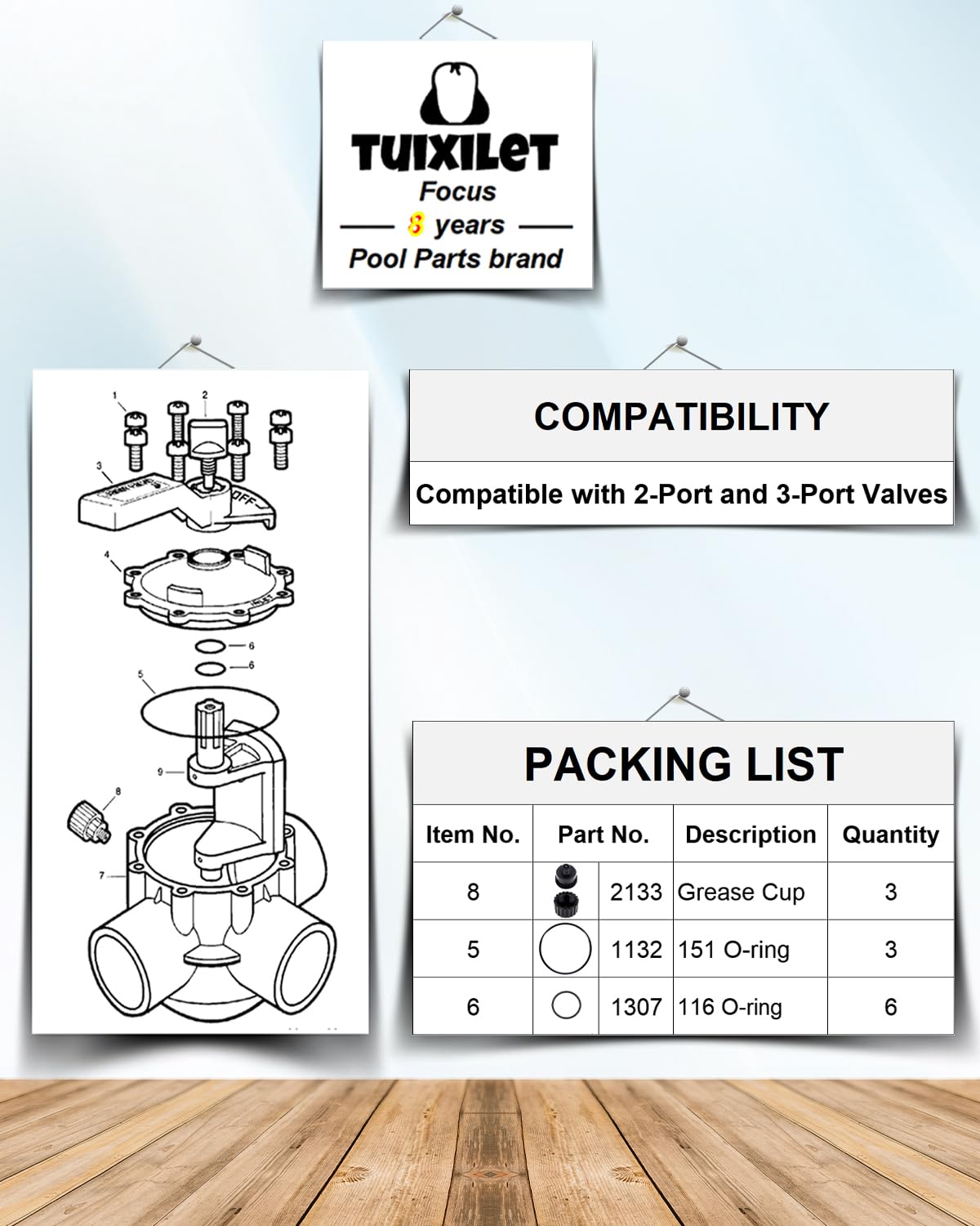 Kit de reconstrucción de válvula de piscina de 2 puertos y 3 puertos (contiene: kit de taza de grasa 2133 y junta tórica de válvula desviadora de piscina 1132, 1307) compatible con válvulas