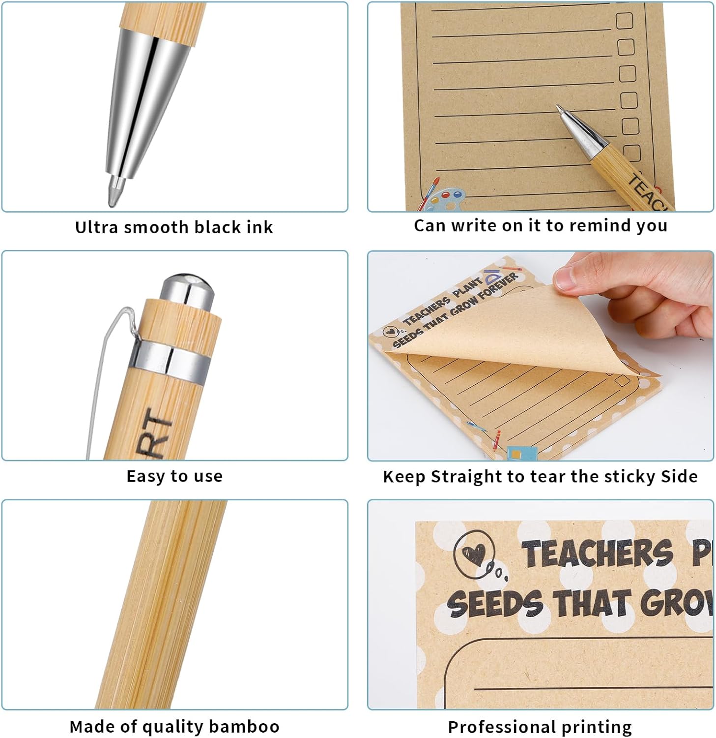 Lincia 30 Set Teacher Appreciation Gifts in Bulk - Kraft Sticky Notepad with Inspirational Pen and Ribbon Memo Note Bamboo Pen for Thank You and Graduation Gift Supplies