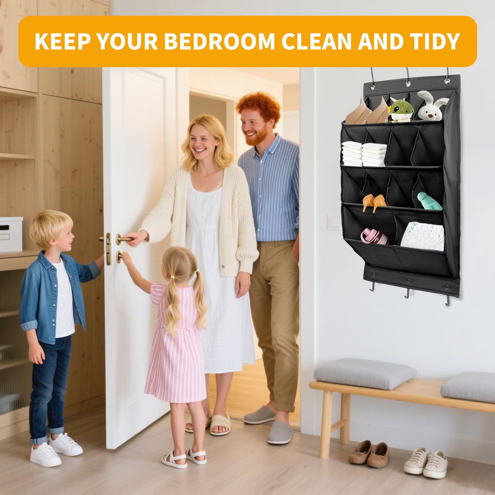 LJEC Organizer per scarpe da appendere, con gancio, porta scarpiera con 14 tasche profonde per armadio, organizer da appendere alla porta per campeggio, armadietto, dormitorio e camper, nero