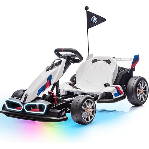 Wanan Electric Go Kart with Adjustable Seat, 24V Licensed BMW Drift Kart with Dual 200W Motors, Crazy Go Cart for Kids Ages 6-12, LED Lights, Drift Mode and 2 Speed (White, 24V)