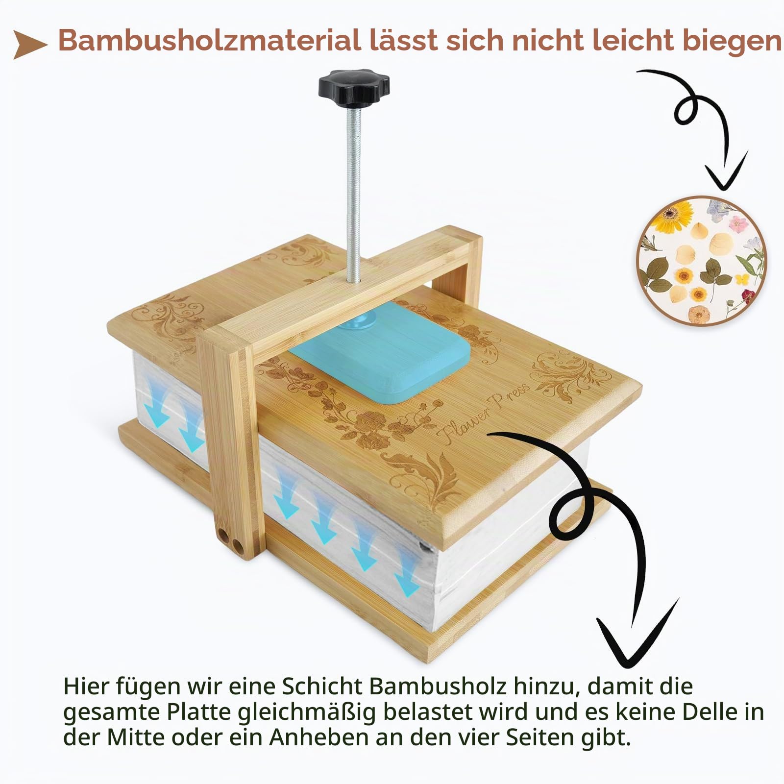 Whemyreat Blütenpresse Holz Set, 6 Schichten Blumenpresse, DIY Bastelset für Gepresste Blumen & Papierkunst, Buchbindepresse für Kinder und Erwachsene, Gewünschtes Geschenk für Handwerksliebhaber
