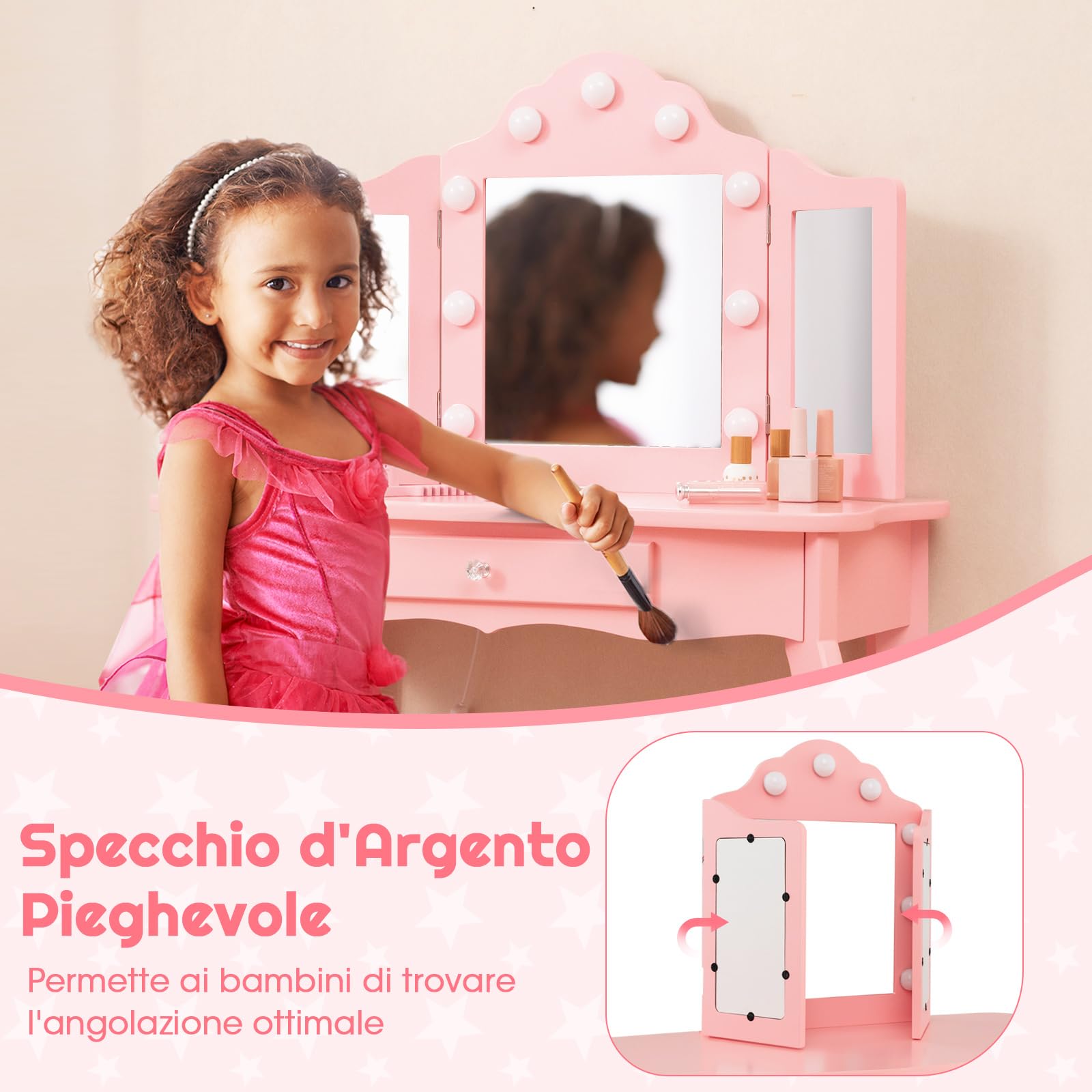 COSTWAY Toeletta Trucco 2 in 1 per Bambina, Specchiera Staccabile per Ragazza in Legno con Sgabello, Cassetto, Ripiani e Giocattoli, Postazione Trucco per 3 Anni, 70 x 34 x 103 cm (Rosa)