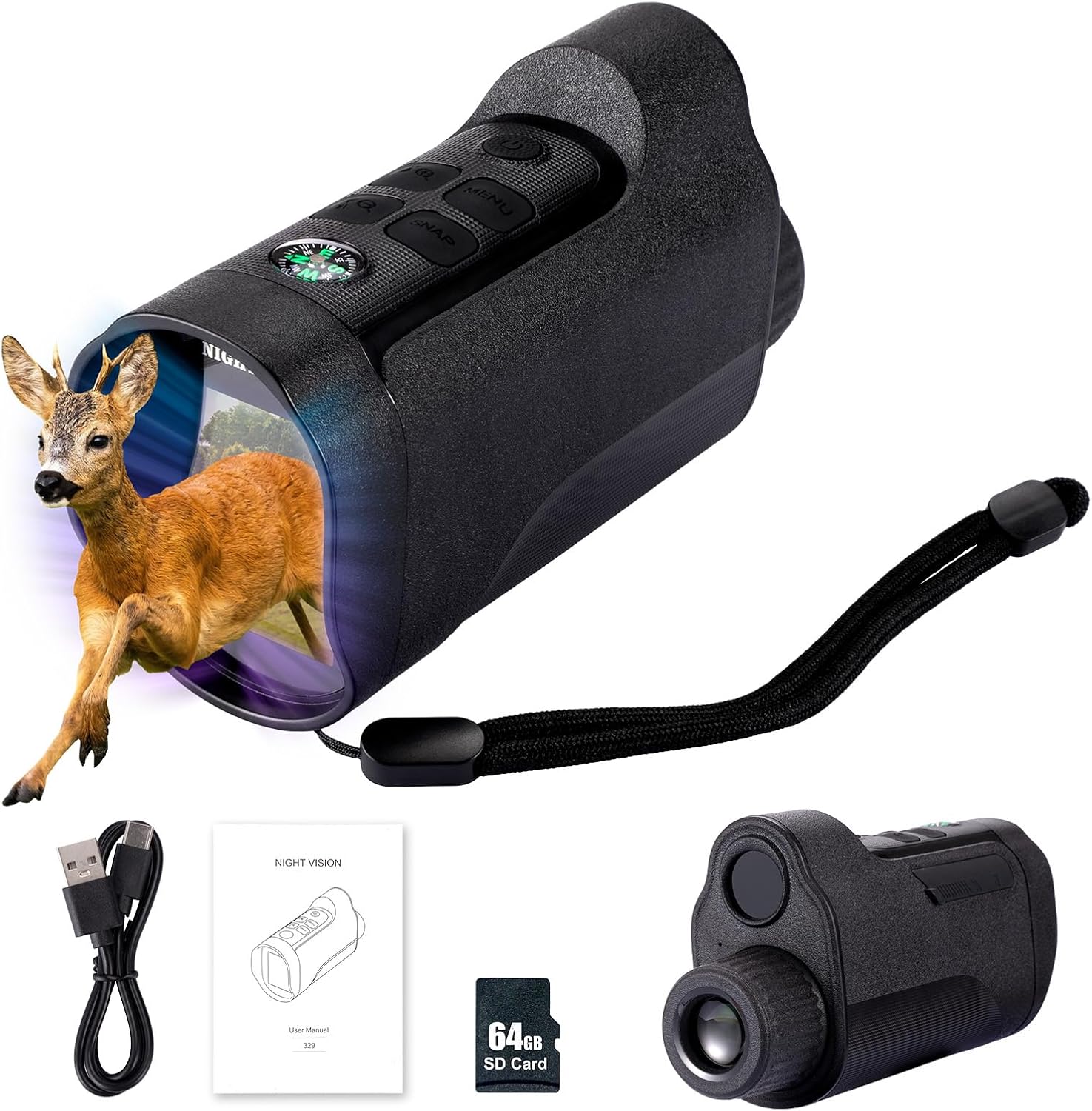 HOMEE Digital Night Vision Monocular for Adults,2.0" HD Screen Infrared Digital Night Vision Goggles with 10X Zoom Built-in Compass, 2000mAh Rechargeable Battery for Camping (with 64GB Card)