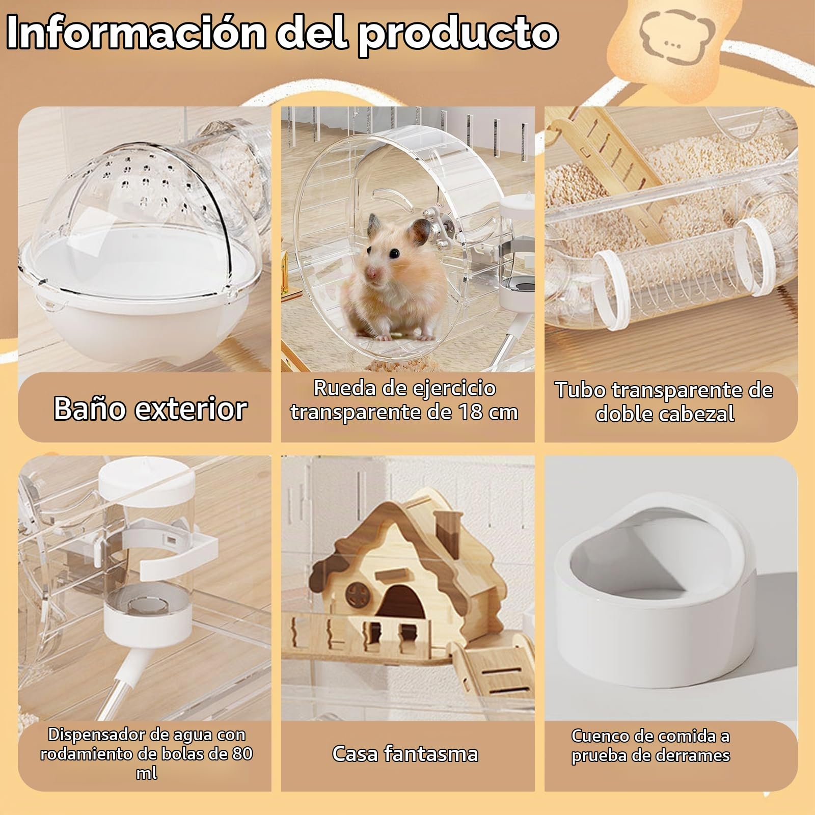 Jaula de hámster de acrílico con accesorios, jaula transparente para roedores de 45×30×33 cm con rueda, túnel, casa de madera, bebedero y cuenco para alimentos – Gran jaula para roedores pequeños para
