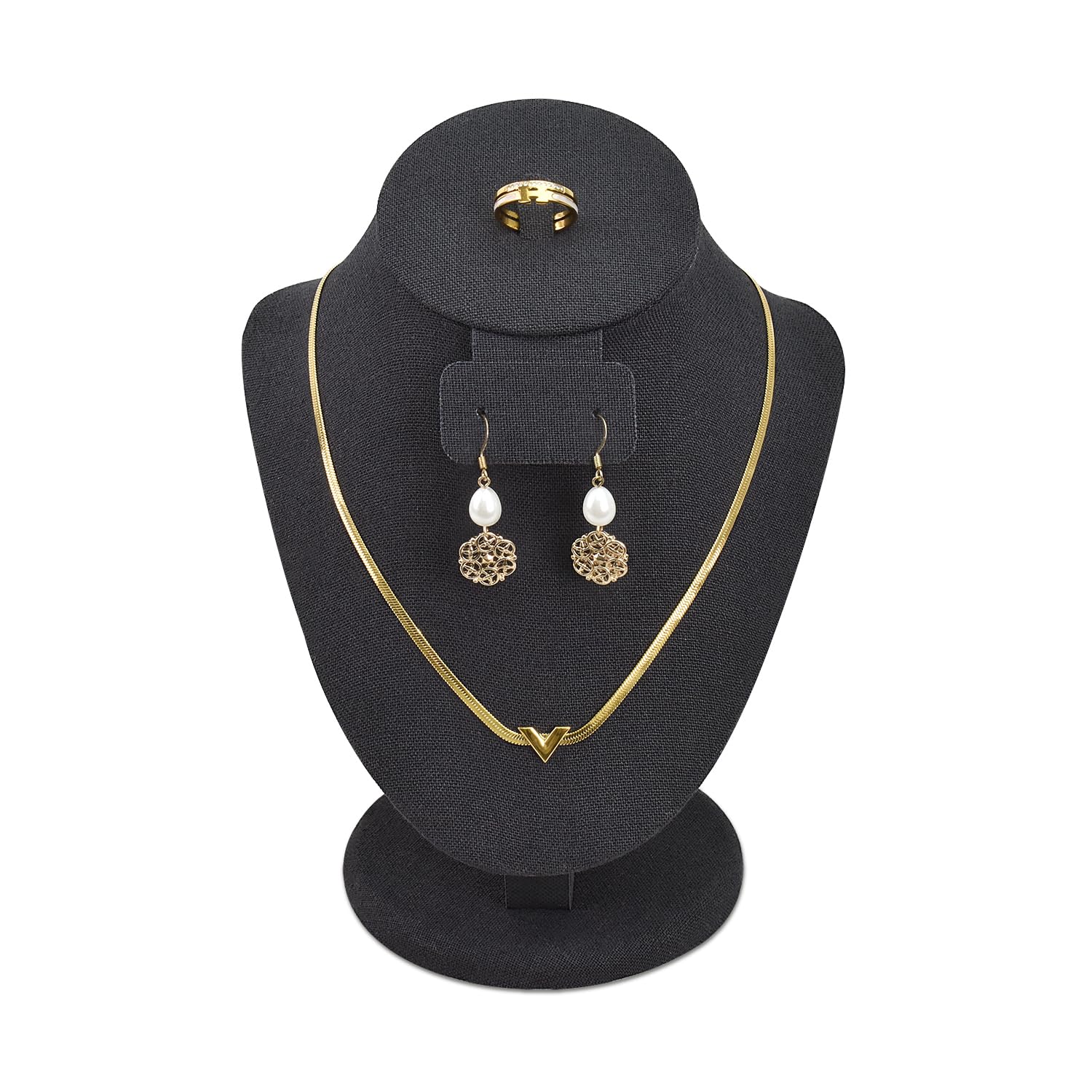 MOOCAMOOCA Multi-Purpose Linen-Covered Wood Jewelry Display Stand: Necklace Bust Mannequin for Rings, Earrings, and Necklaces - Pendant Organizer, Necklace Holder, 8 3/4" Height, Black Linen, 185-1-LNBK