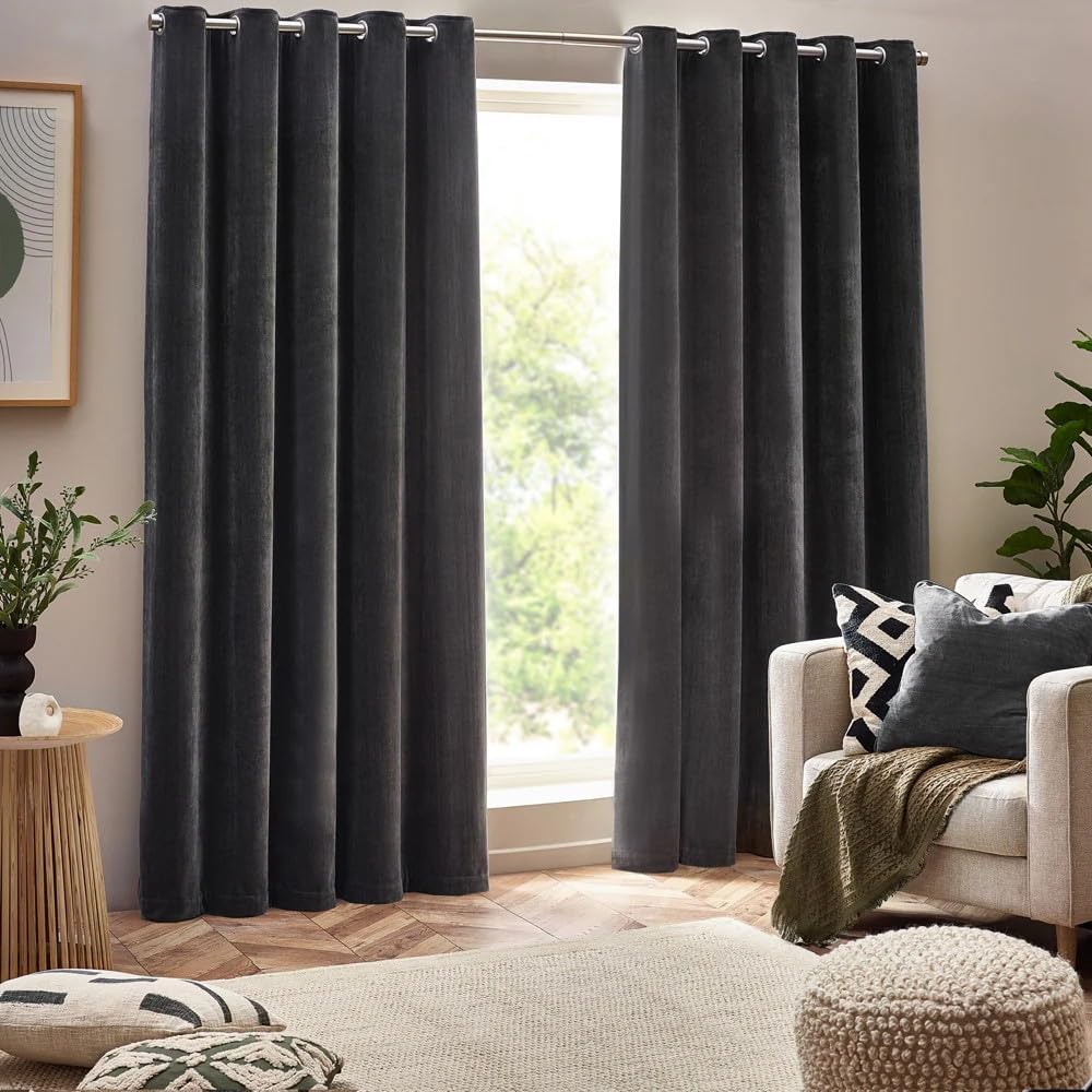 Yard Heavy Chenille Velvet Eyelet Curtains - 2 Panels - Width x Drop - 229 x 137cm (90 x 54) - Charcoal