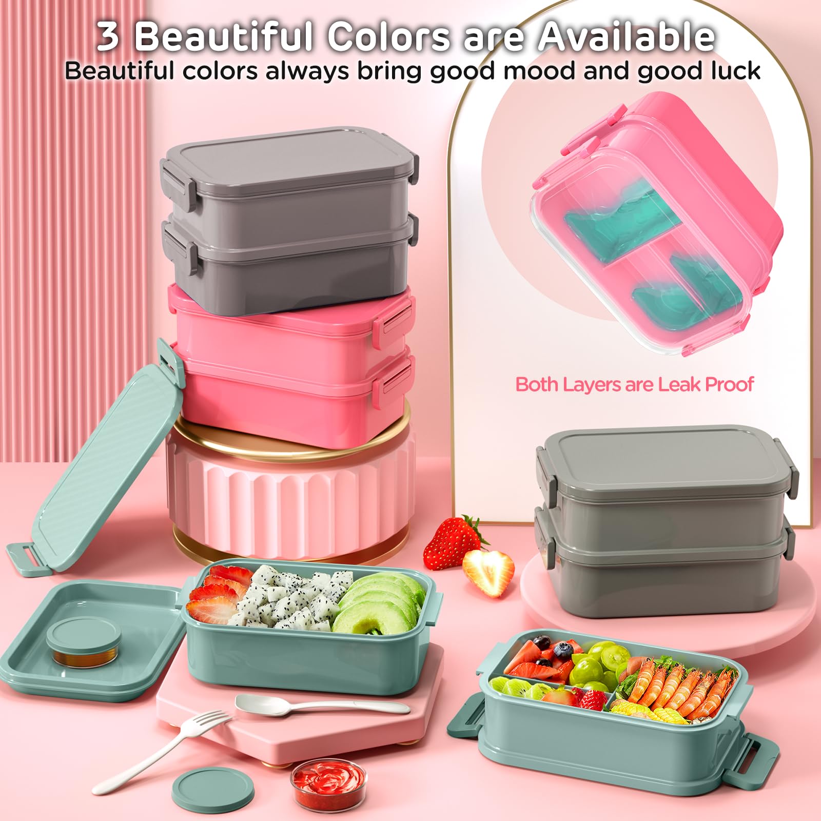 WayEee Lunch Box Adults,2130ml Large Capacity Bento Lunch Box with Compartments, 3 Layers Leak-Proof Bento Box for Office School(Pink) - Image 2