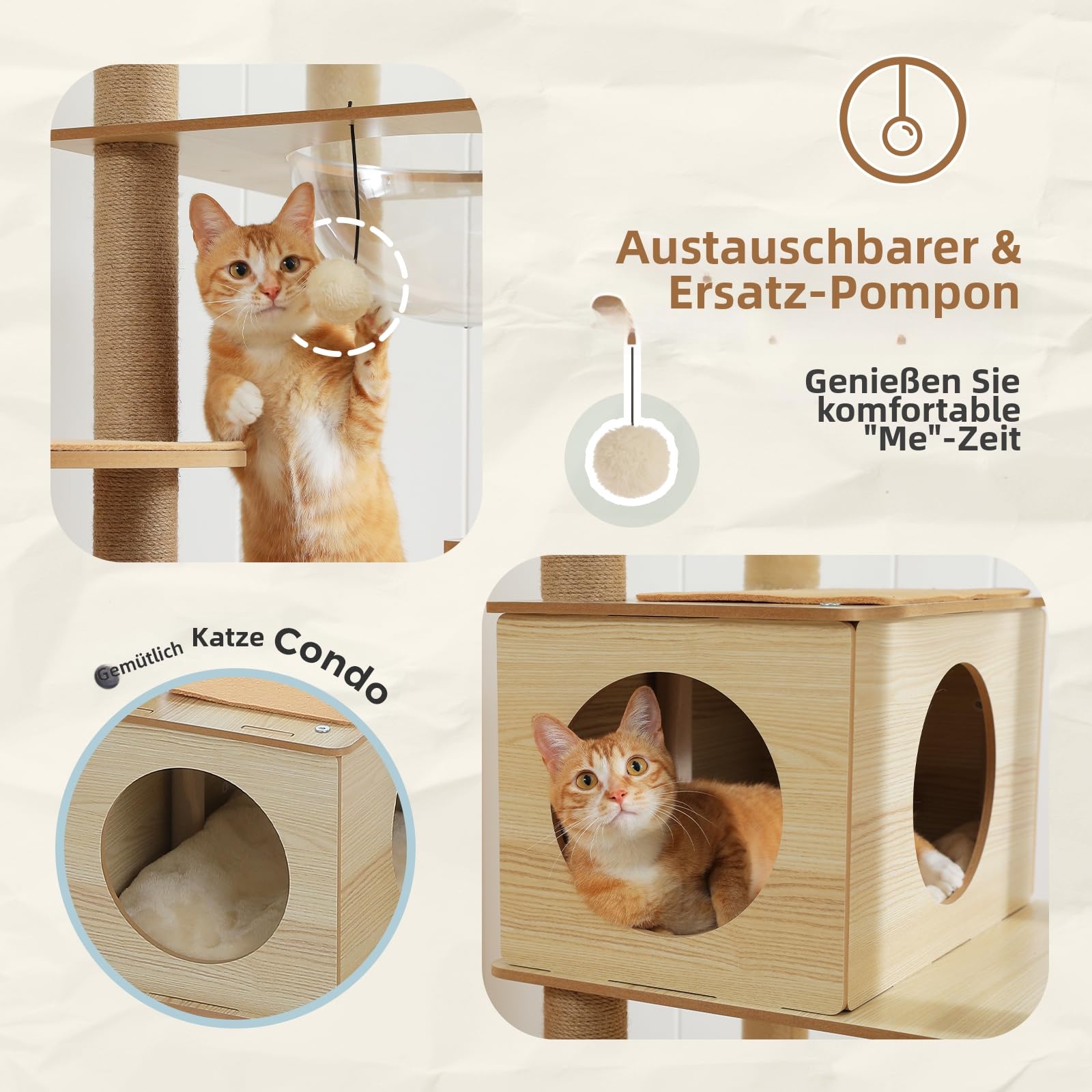 PETEPELA Árbol rascador para gatos grandes, 181 cm, madera multietapa, con gran cueva, hamaca grande y más columna para rascar, color beige