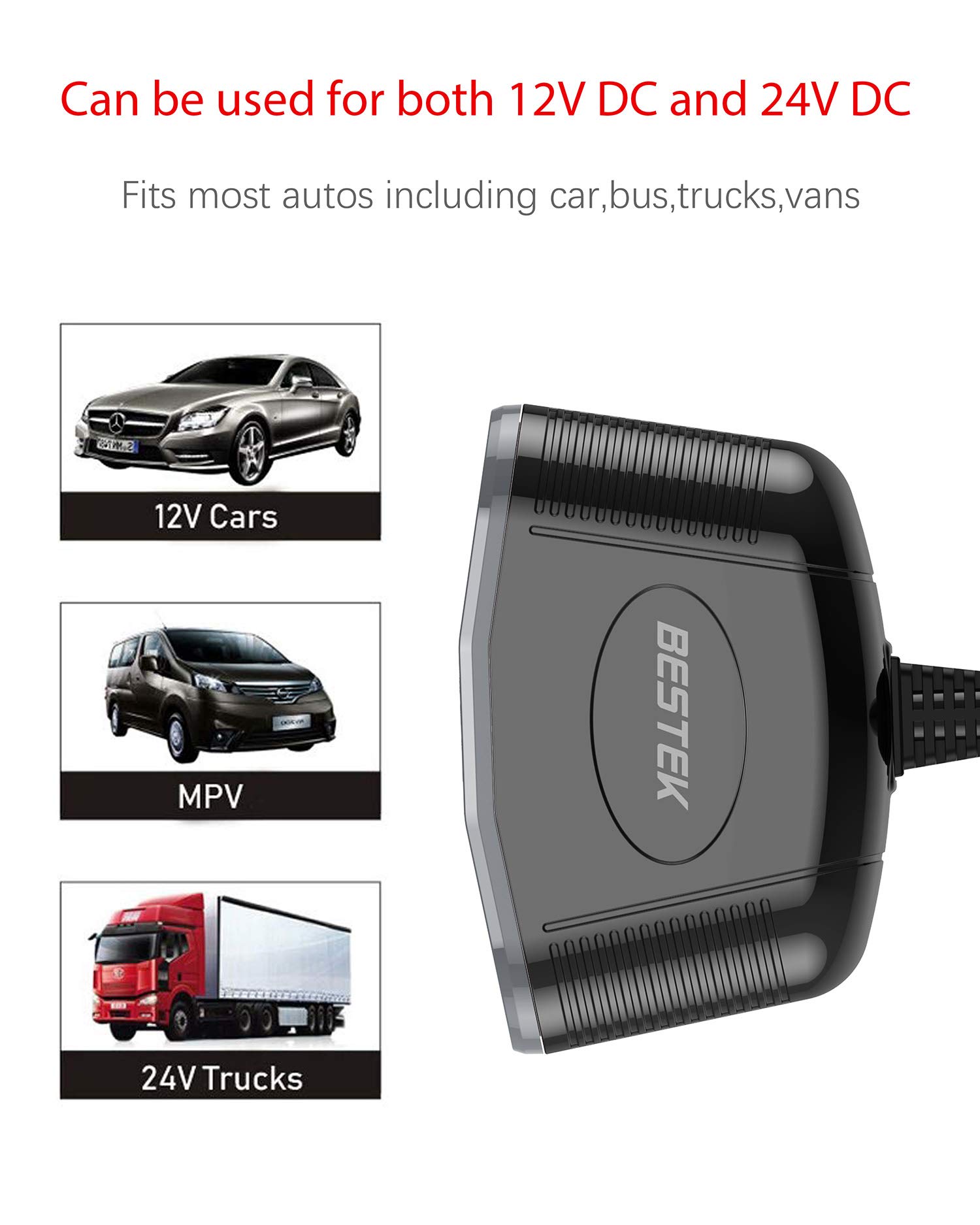 BESTEK Caricatore per Auto 12/24V 150W, 2 Prese Accendisigari & 2 Porte USB Caricabatteria da Auto per Pad Tablet Smartphone(Grigio)