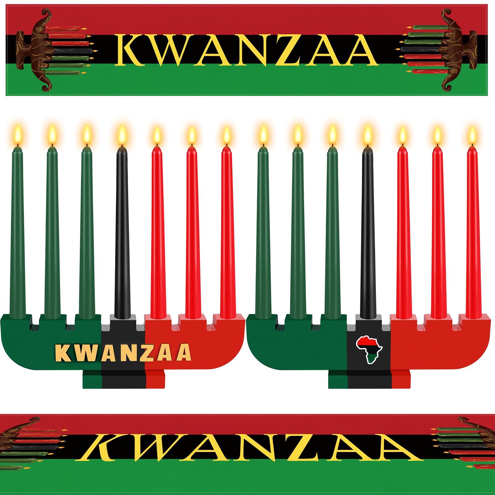 9 Pcs Kwanzaa Kinara Set With Candles Holder - 3 Red, 3 Green, 1 Black Candle and Table Runner for Celebration Decoration