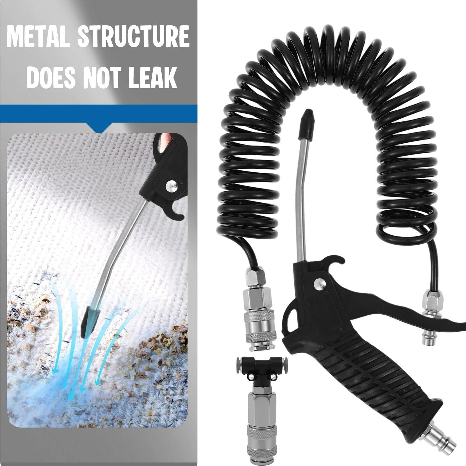 Air Blow Gun Kit With 16ft Long 8mm OD Coil PU Air Hose Air Duster Blow Gun With T Piece Quick Coupling For Truck Car Boat(Black)