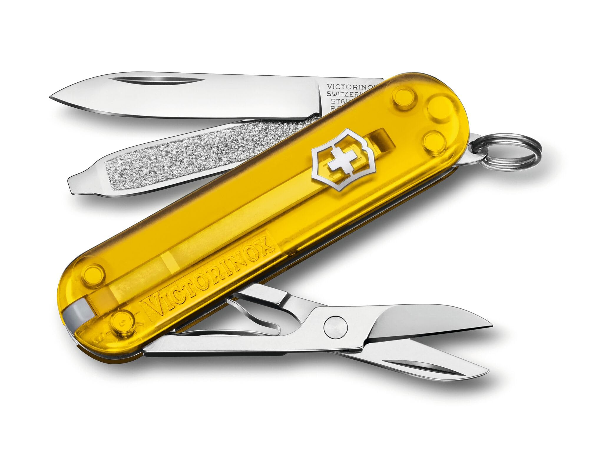 Victorinox Classic SD Swiss Army Knife, Compact, 7 Functions, Swiss Made Pocket Knife with Small Blade, Screwdriver and Key Ring- Yellow Transparent