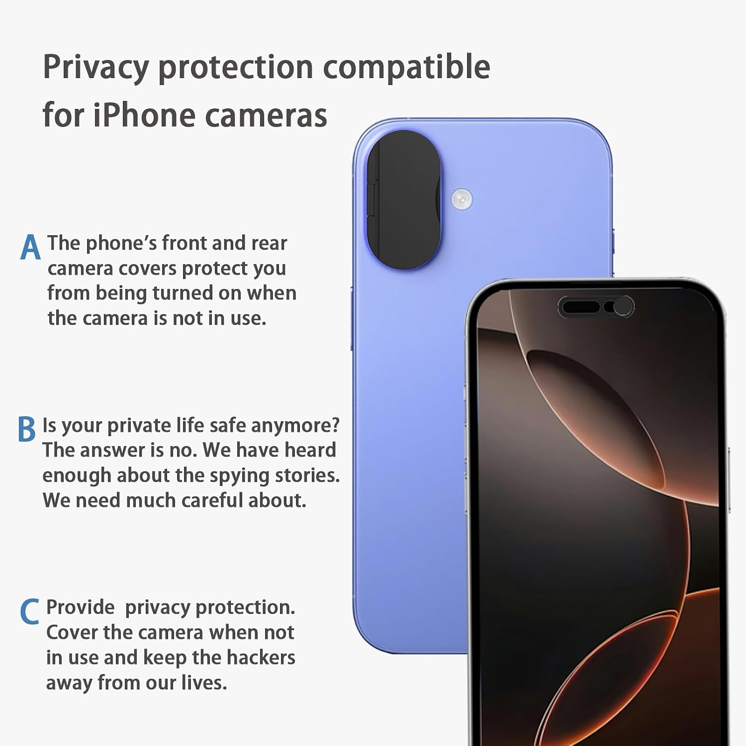 Privacy Cover Compatible for iPhone 16 /iPhone 16 Plus with Front Camera Cover,Protect Privacy and Security But Not Affect Facial Recognition（2Pack）