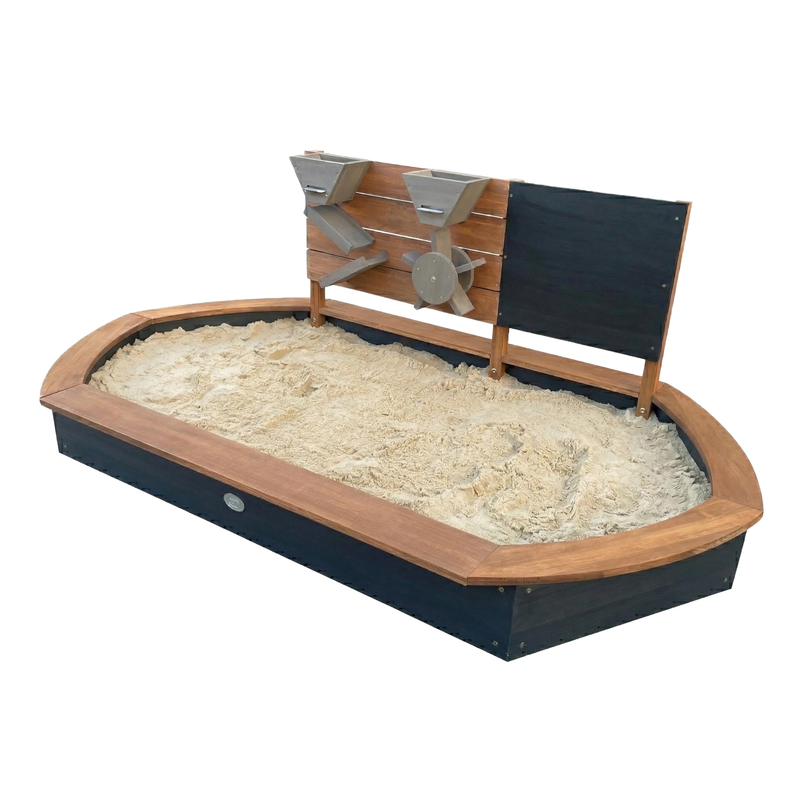 AXI Joey Sabbiera ovale in legno - Marrone/Antracite | Sabbiera con parete giochi e lavagna | Con telo di fondo e copertura protettiva | 158 x 91 x 57 cm