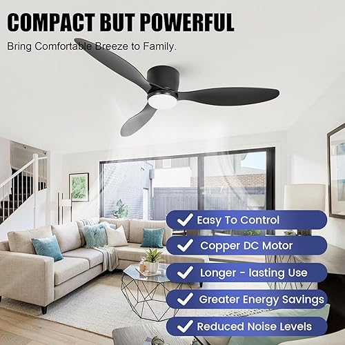 Miniatura 8 de VACILL Ventilador de techo moderno de montaje empotrado con luz y control remoto, ventilador de perfil bajo, 6 niveles de velocidad, LED regulable,