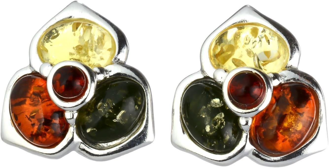 Amber Earrings - Sterling Silver and Baltic Multicolored Amber Earrings "Jasmine" - Sterling Silver Jewelry Collection