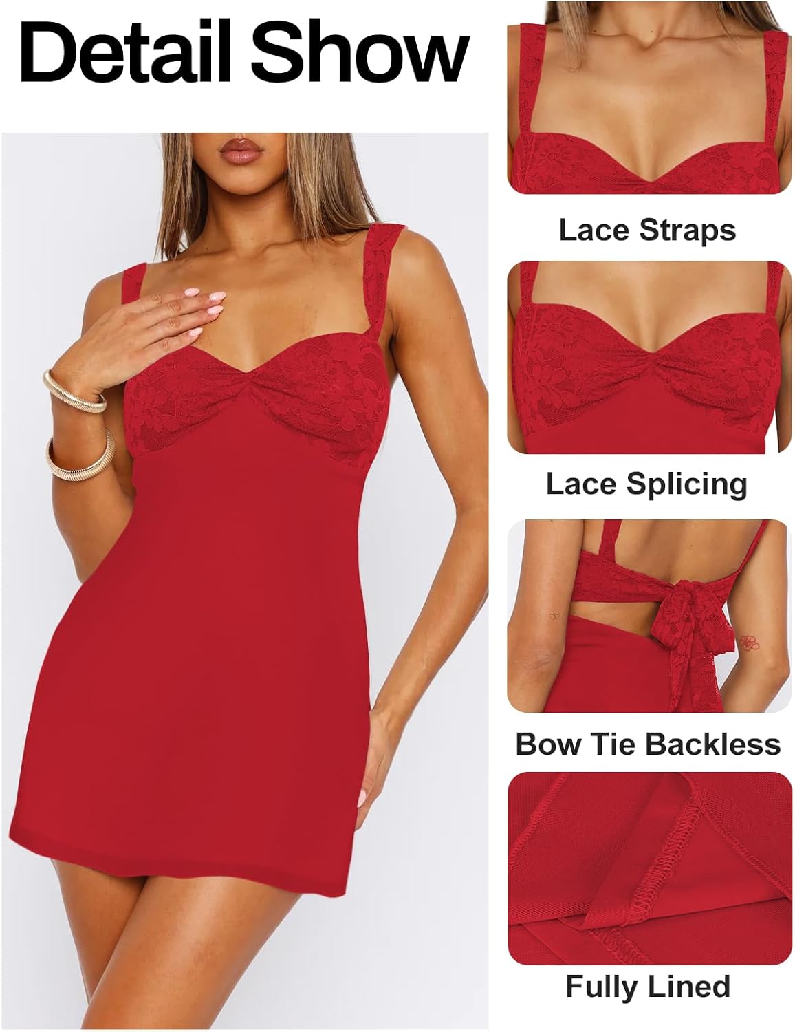 Women's Summer Mini Dresses Sleeveless Sexy Square Neck Lace Splicing Cocktail Party Straps Bodycon Dress - Image 3