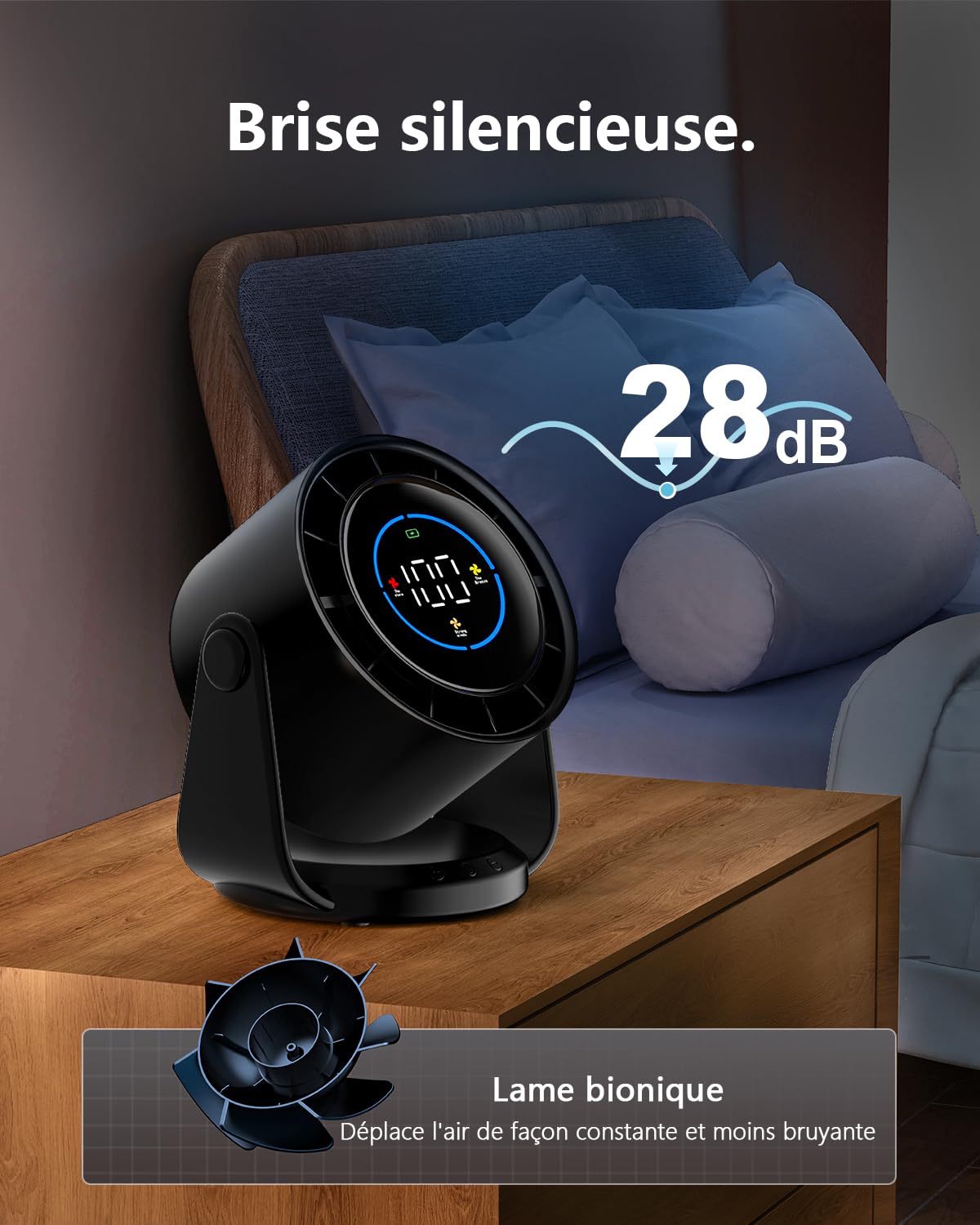 Ventilateur Silencieux Ultra Puissant, Ventilateur de Bureau à 100 Vitesses et tête rotative à 105° Rechargeable USB, Portable pour Bureau, Maison, Chambre, Voiture