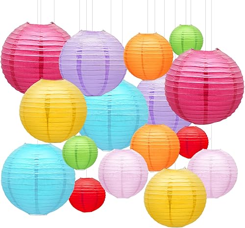 Faroles de papel colgantes, 16 unidades, farol de papel multicolor, decoración redonda china, decoración para decoración de aula, boda, arco iris,